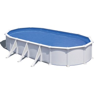 Piscina ovale Gre Atlantis con pareti in acciaio, 800x470x132 cm, bianca, con liner blu.