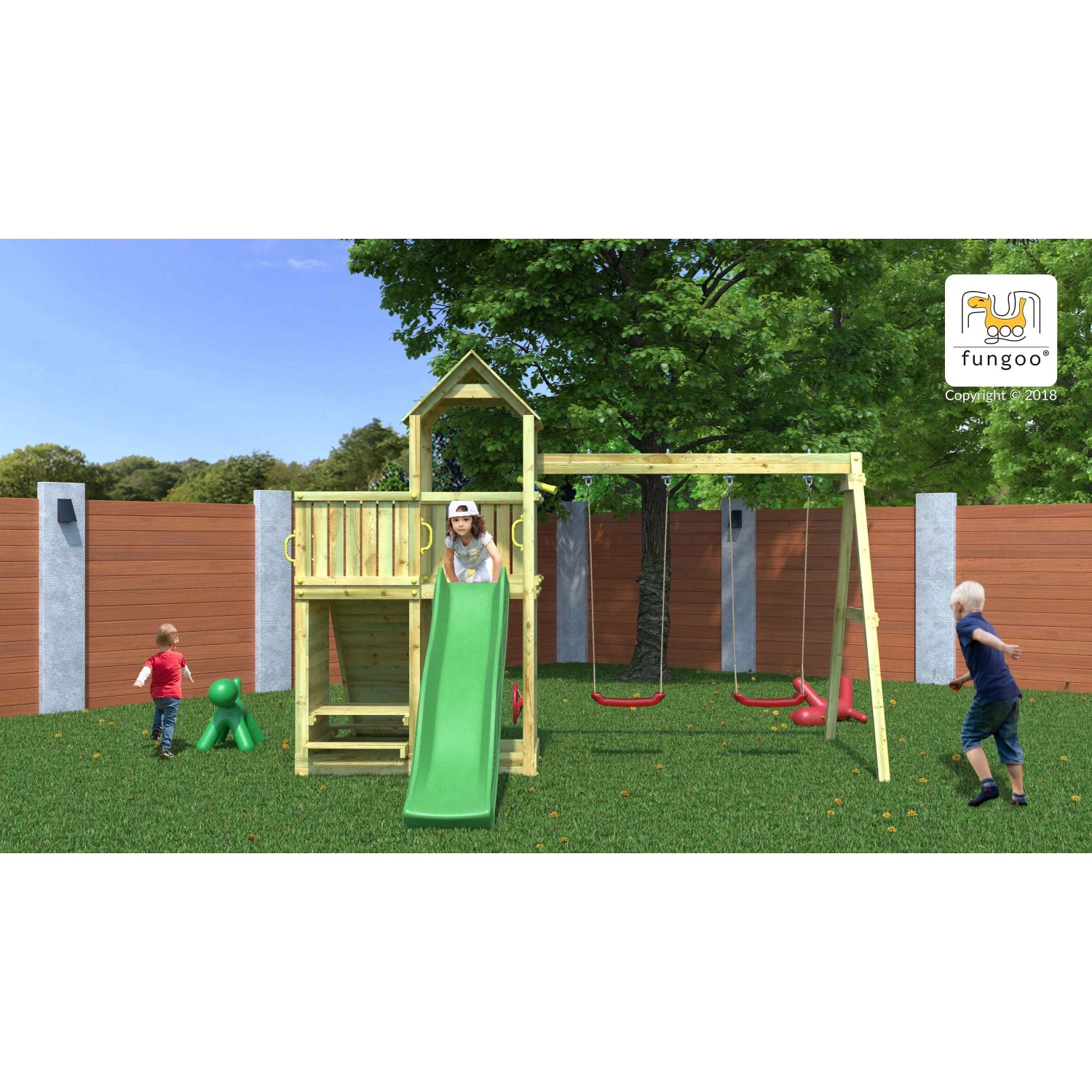 Gioco da giardino Floppi con scivolo e altalene 379x396xh262 cm_4