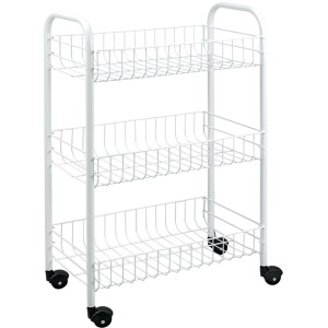 Carrello da cucina bianco con 3 cestelli in metallo e ruote.