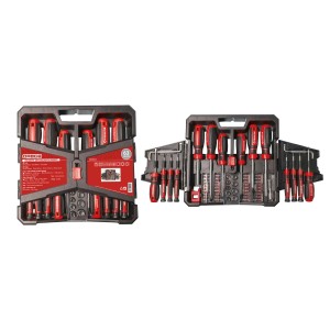 Set di cacciaviti t.b.t., 63 pezzi, in scatola di plastica nera con manici rossi.