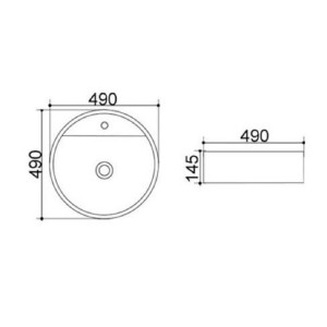 Disegno tecnico del lavabo d'appoggio t.b.t. con dimensioni.