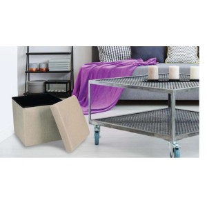 Pouf beige con coperchio rimovibile, ideale come sgabello o contenitore.