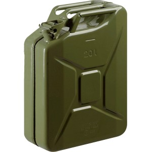 Tanica di carburante in metallo verde oliva da 20L per emergenze e assistenza stradale.