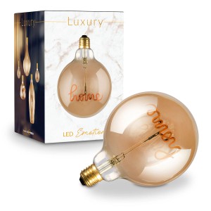 Lampadina LED E27 decorativa con scritta "Home" e bulbo in vetro color oro.