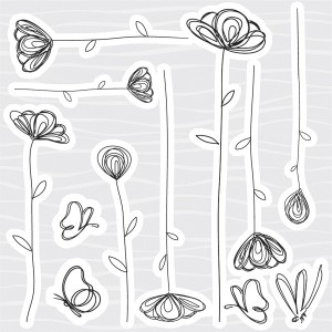 Adesivi da parete con fiori e farfalle, disegno a linee astratte.