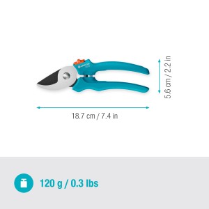 Cesoie da giardino Gardena EasyCut, taglio bypass fino a 20 mm, con manici blu-turchesi e dimensioni.