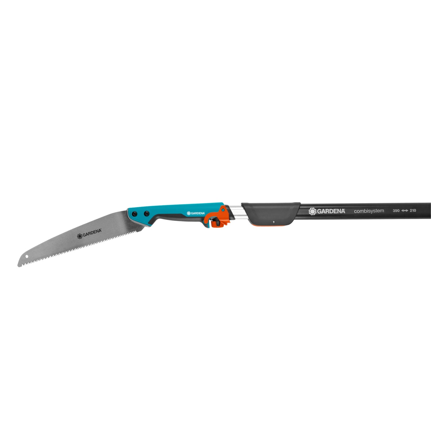 Gardena combisystem sega da giardino 300 PP con manico blu e nero e lama in dettaglio.