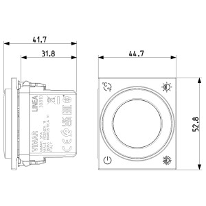 Disegno tecnico del termostato t.b.t. con dimensioni.