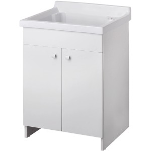 Mobile lavabo bianco con lavabo e due ante.