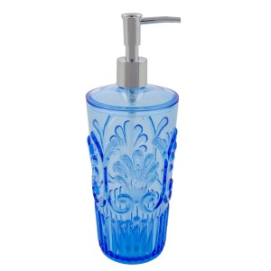 Dispenser sapone t.b.t. blu con motivo floreale e pompa cromata.