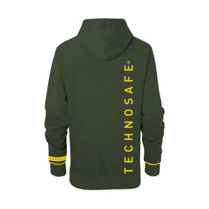 Felpa con cappuccio verde con scritta gialla "TECHNOSAFE" per abbigliamento da lavoro.