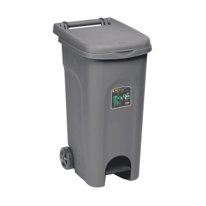 Pattumiera t.b.t. grigia con coperchio, maniglia e pedale. Pattumiere con ruote.