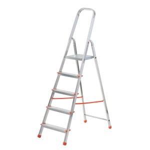 Scala domestica in alluminio con 5 gradini e ripiano. Ideale per interni.