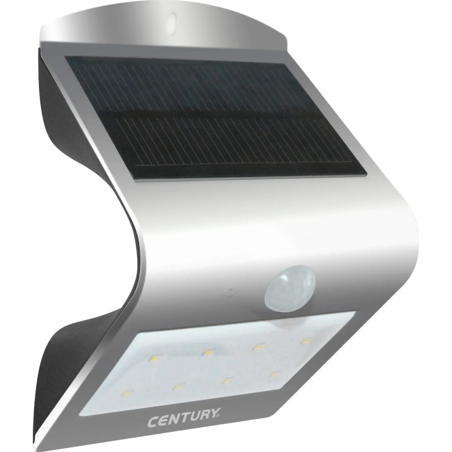 Moderna lampada solare a LED da esterno argentata con sensore di movimento.