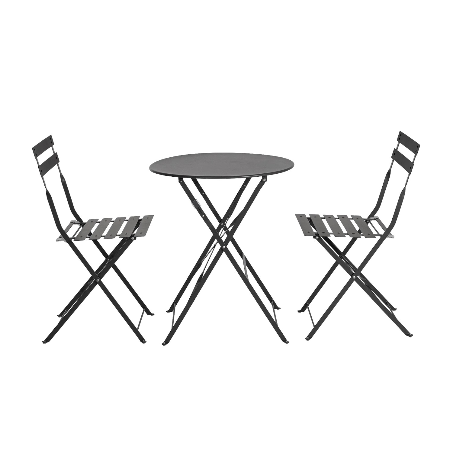Set bistrot pieghevole AUSTIN, composto da tavolo e due sedie in acciaio trattato.