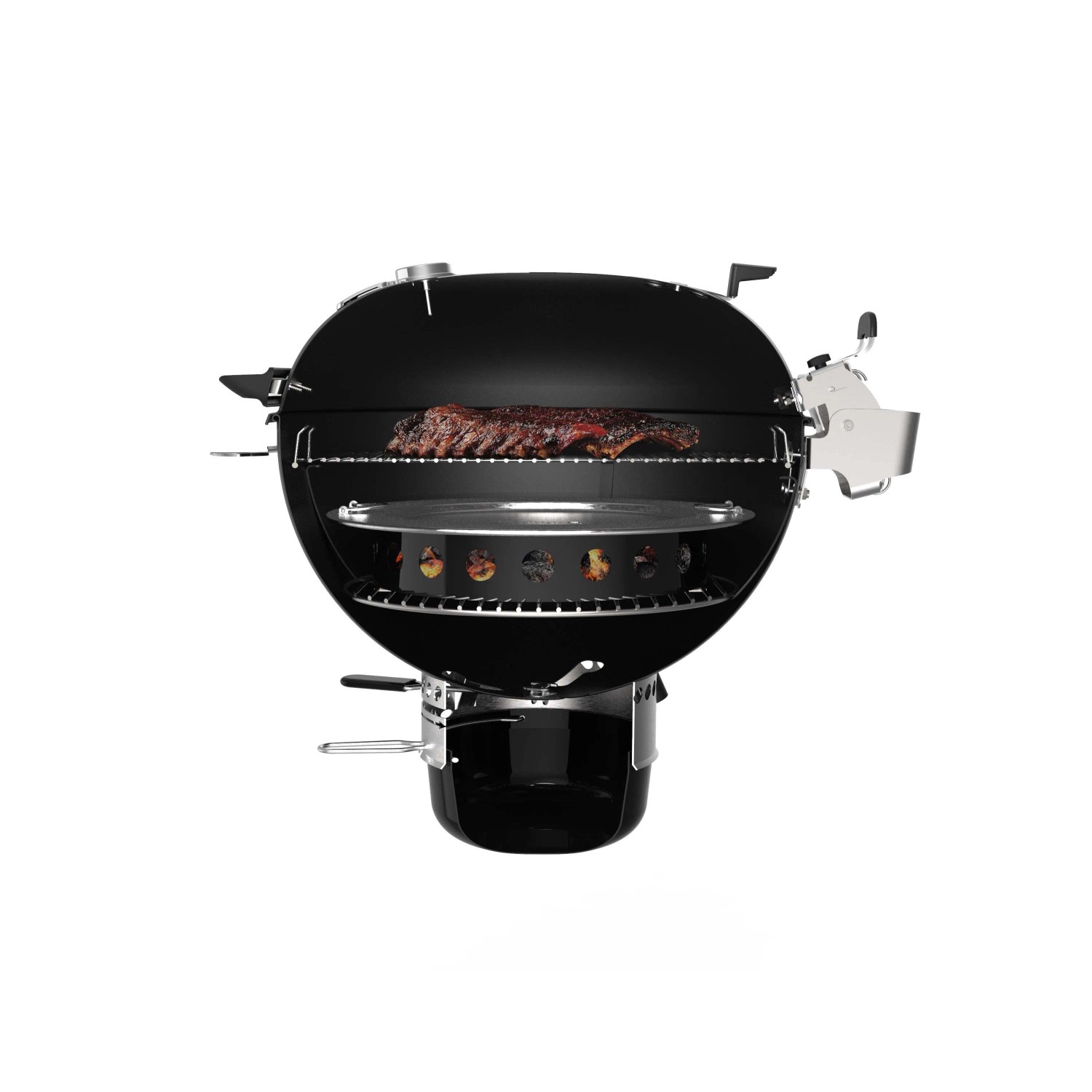 Weber barbecue a carbone Master-Touch Premium E-5770, Ø 57 cm, nero con cibo sulla griglia.
