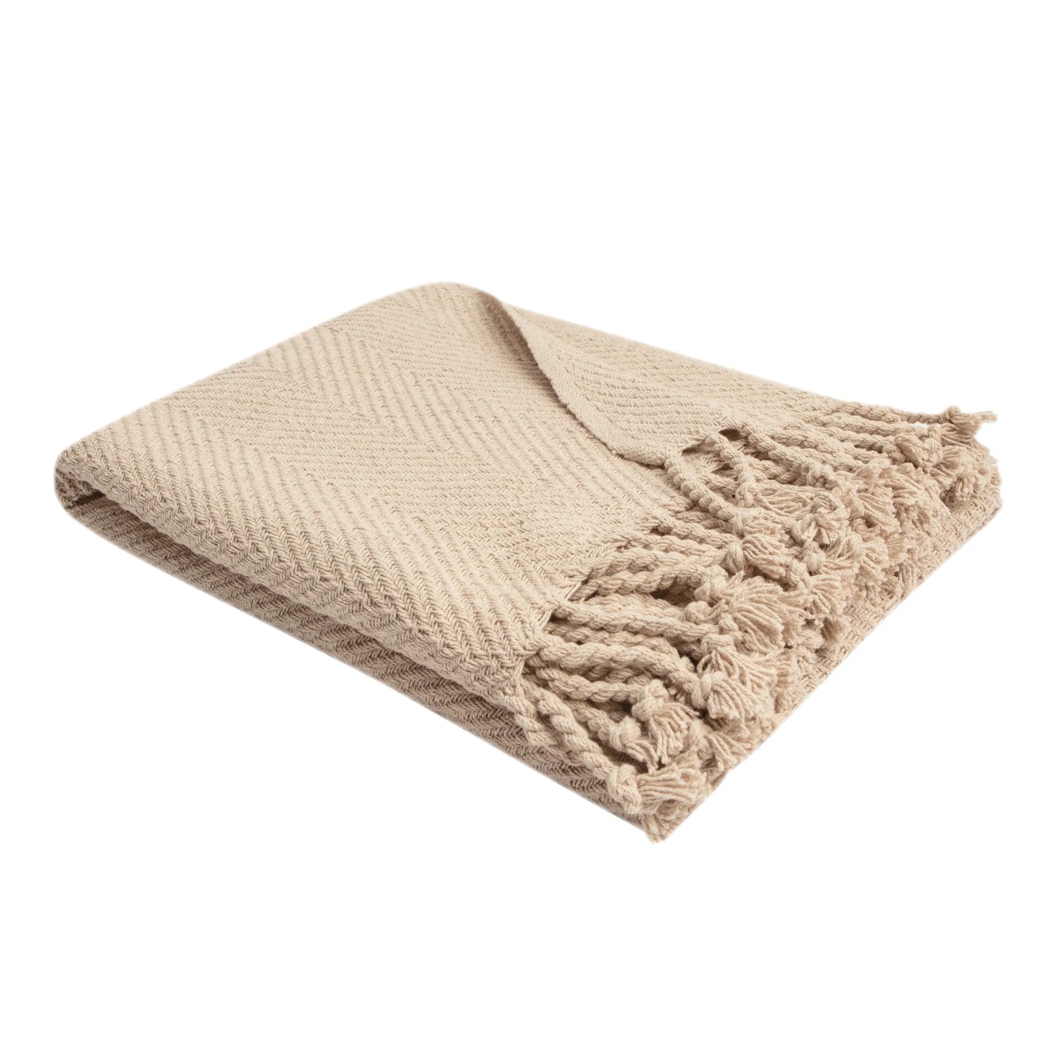 Coperta/plaid beige con frange e motivo a spina di pesce, piegata.