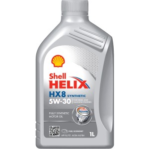 Olio motore Shell Helix HX8 5W-30, flacone da 1L per motori benzina e diesel.