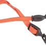 Tendi-tutto arancione in gomma con ganci in plastica nera, regolabile in lunghezza per viaggio e trasporto.
