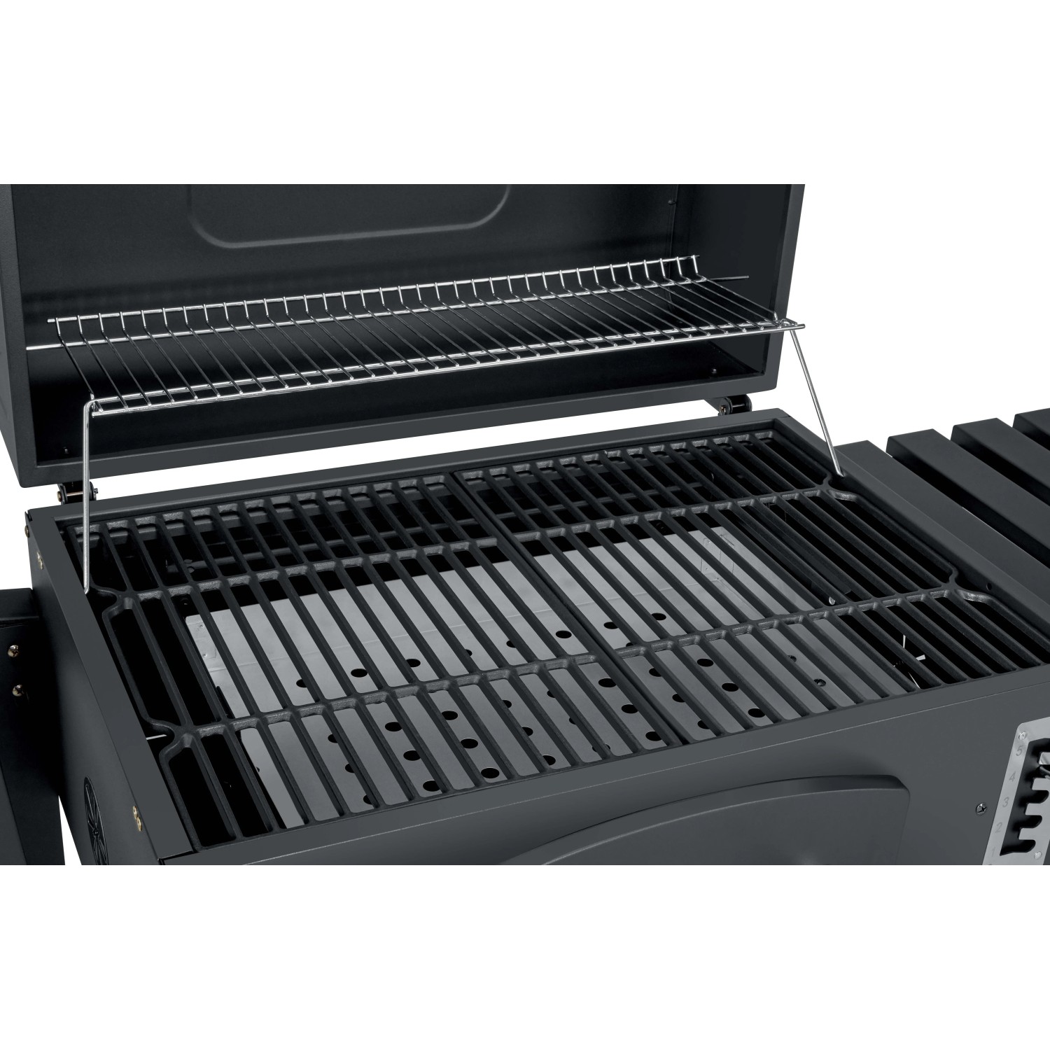 Barbecue a carbone aperto con griglia e scaldavivande.