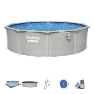 Set piscina Bestway Hydrium: piscina con pareti in acciaio, scaletta, copertura, pompa filtro e altri accessori.