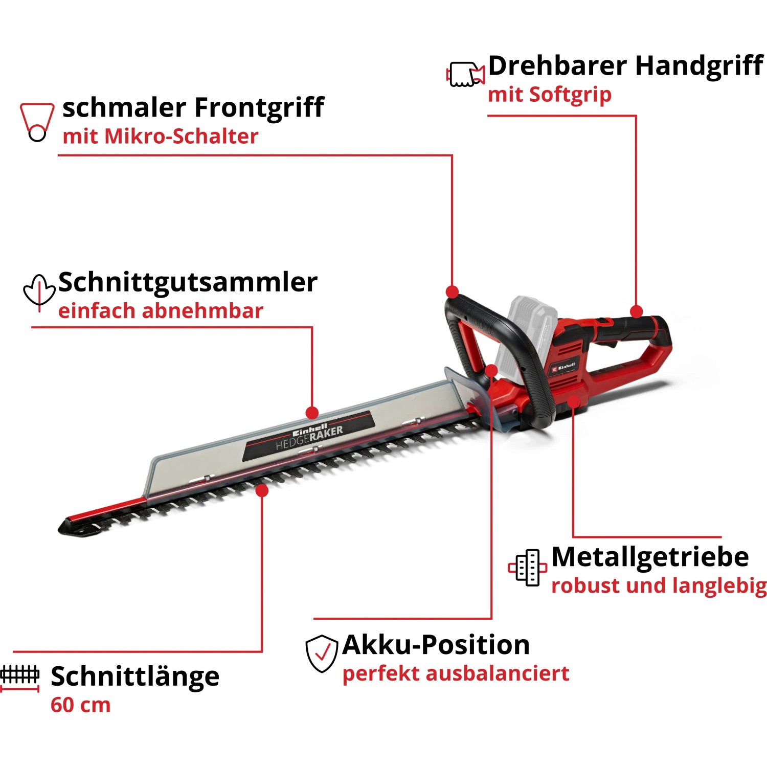 Tagliasiepi a batteria Einhell Power-X Change GE-CH 18/60 Li-Solo con impugnatura girevole e lunghezza di taglio di 60 cm.