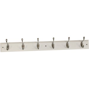 Appendiabiti da parete bianco con sei ganci color argento per organizer armadio.