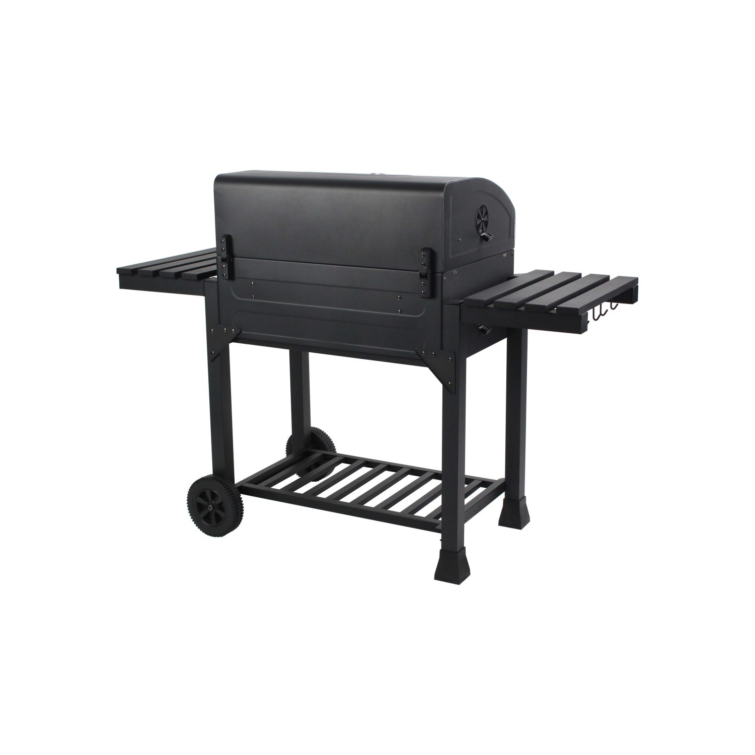 Barbecue a carbone nero Jamestown Jaxon XL con griglia modulare e tavolini laterali.