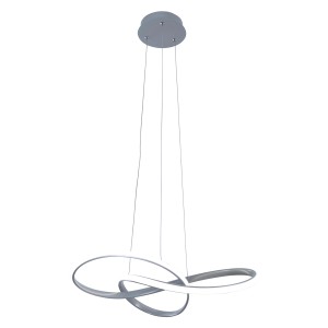 Moderna lampada a sospensione t.b.t. con design intrecciato argentato.