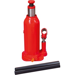 Cric idraulico a bottiglia rosso SWH-5000 B con capacità di carico di 5 t e asta di comando.