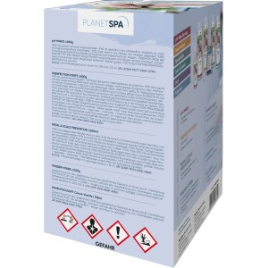 Planet Spa Kit base cloro: Set con strisce reattive, disinfettante, Balance Plus/Minus e misurino.