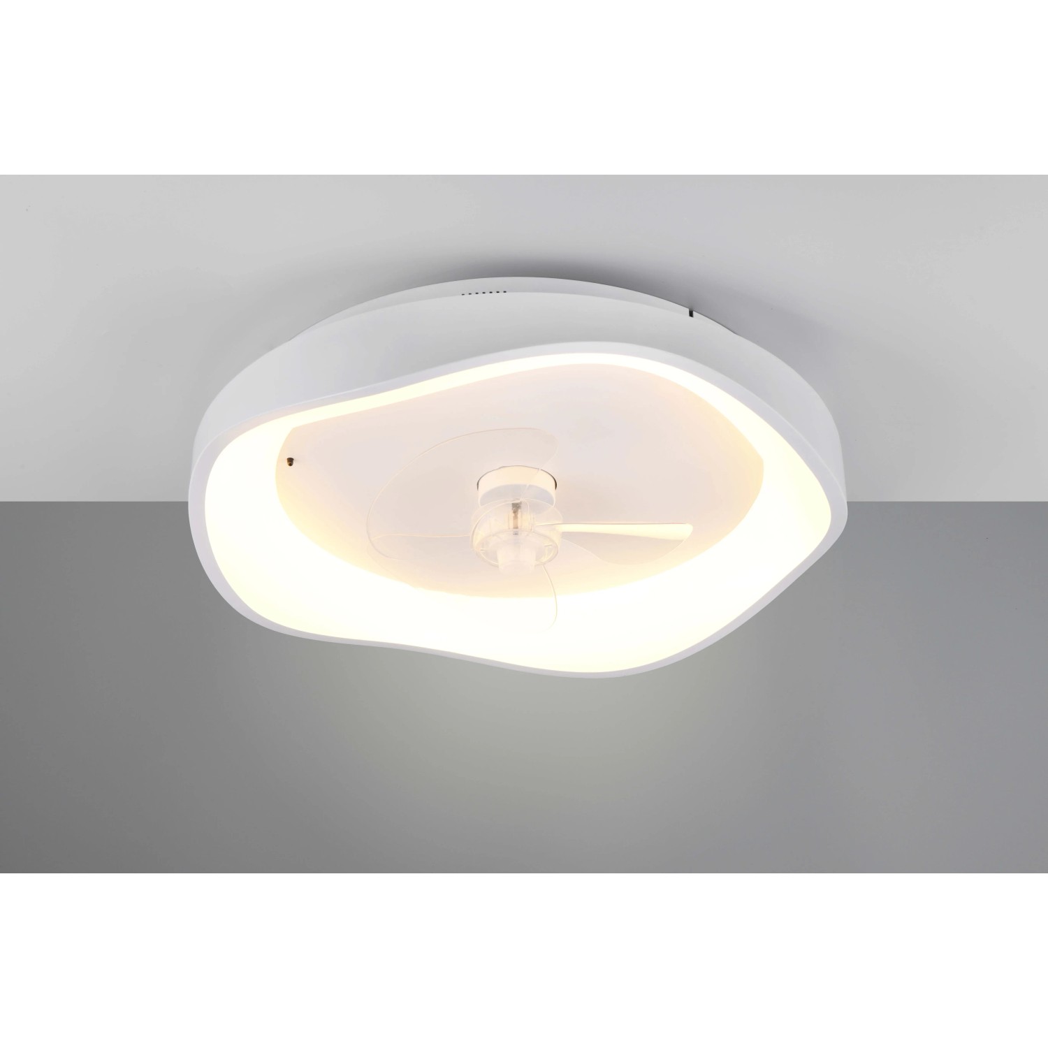Plafoniera LED bianca t.b.t. con ventilatore integrato.