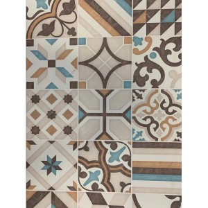 Tappeto da cucina Zerbini con vari motivi nei toni del marrone, beige e blu.