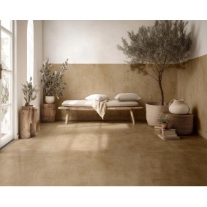Piastrelle per pavimenti beige in ambiente mediterraneo con panca e decorazioni.