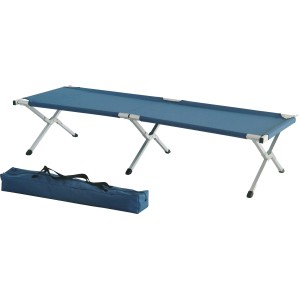 Lettino da campeggio blu con borsa da trasporto. Ideale per avventure all'aria aperta e campeggio rilassante.