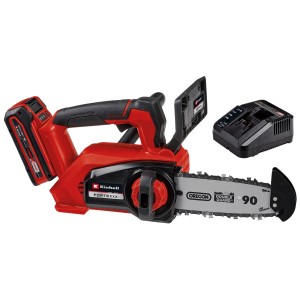 Motosega a batteria Einhell t.b.t. con batteria e caricabatterie. Motosega rossa e nera per giardinaggio.