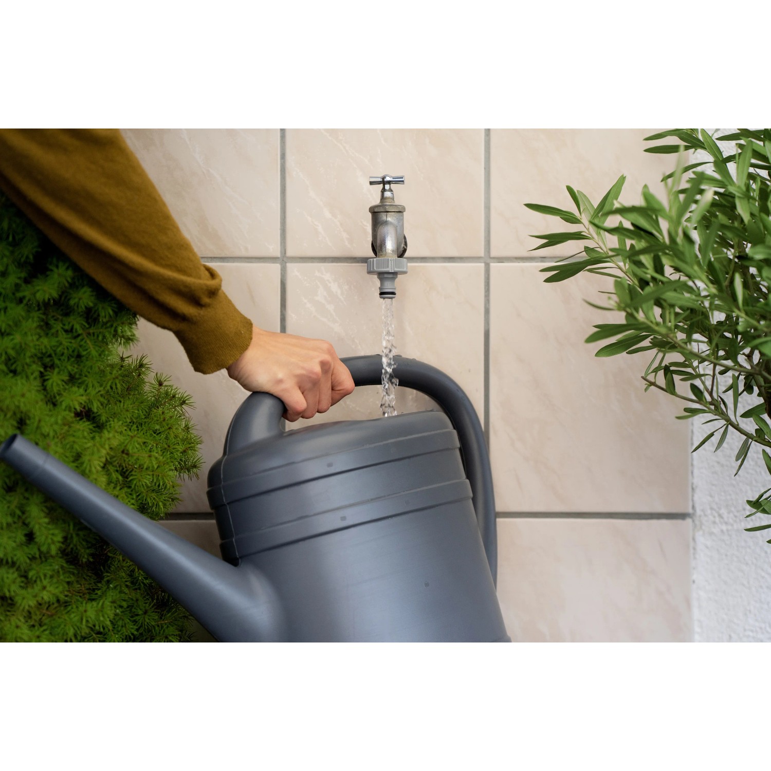 Annaffiatoio grigio riempito al rubinetto. Irrigazione del giardino.