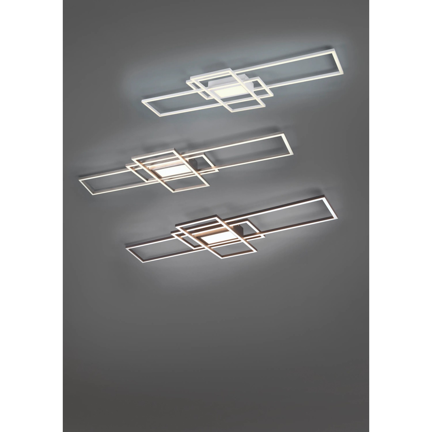 Plafoniera LED Trio Irvine dimmerabile, 60W, nickel opaco, con design geometrico.