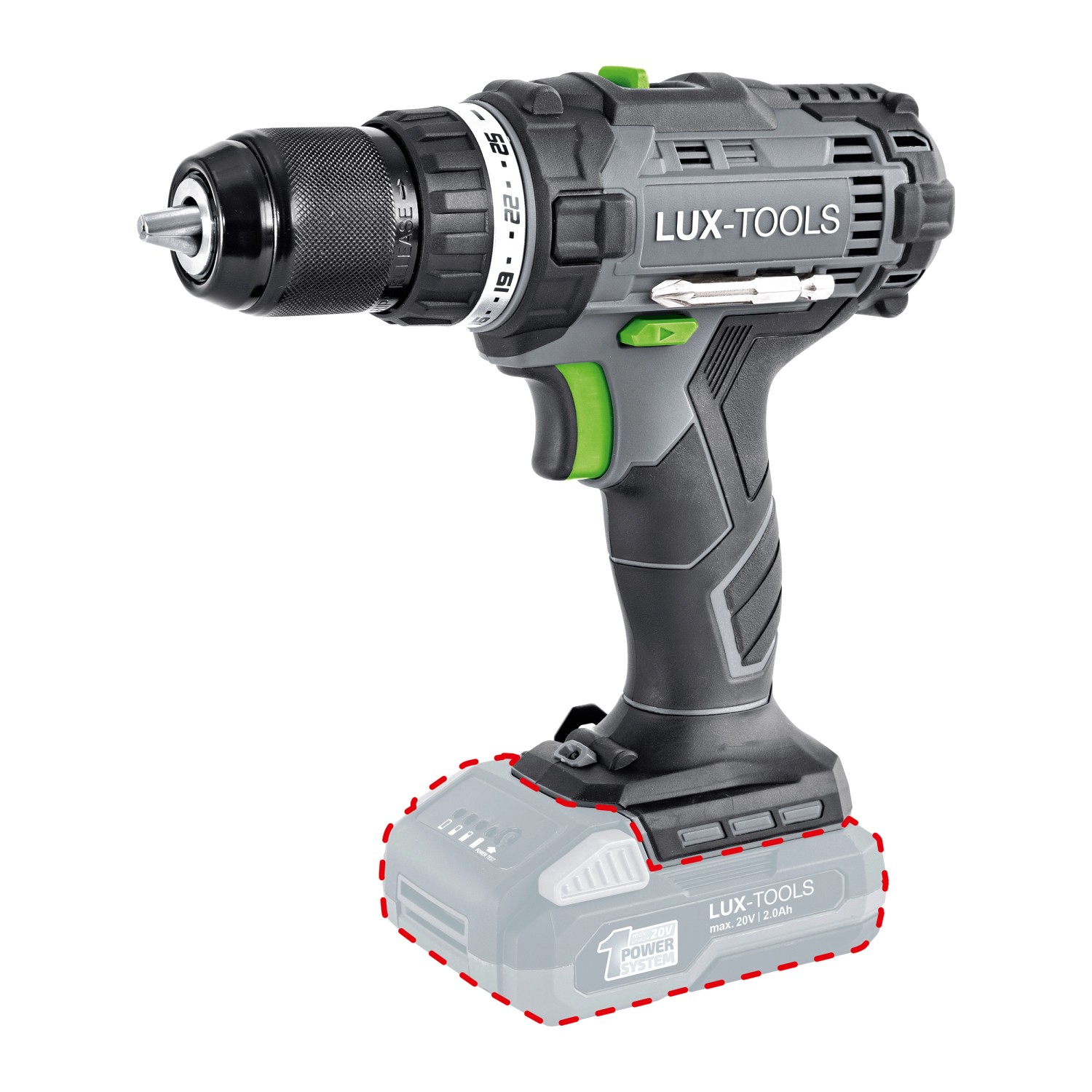 Avvitatore a batteria LUX A-BS-20 del 1 PowerSystem, grigio/verde.