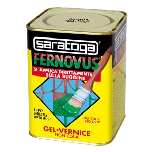 Barattolo di smalto antiruggine Saratoga, giallo con illustrazione di pennello.