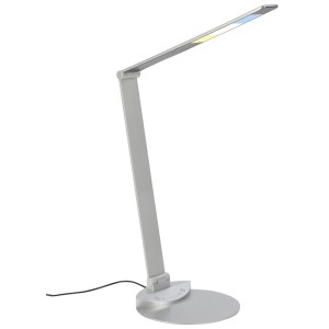 Moderna lampada da tavolo a LED argentata, ideale per scrivania o comodino.