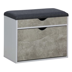 Scarpiera con seduta e due cassetti in grigio e bianco.