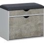 Scarpiera con seduta e due cassetti in grigio e bianco.