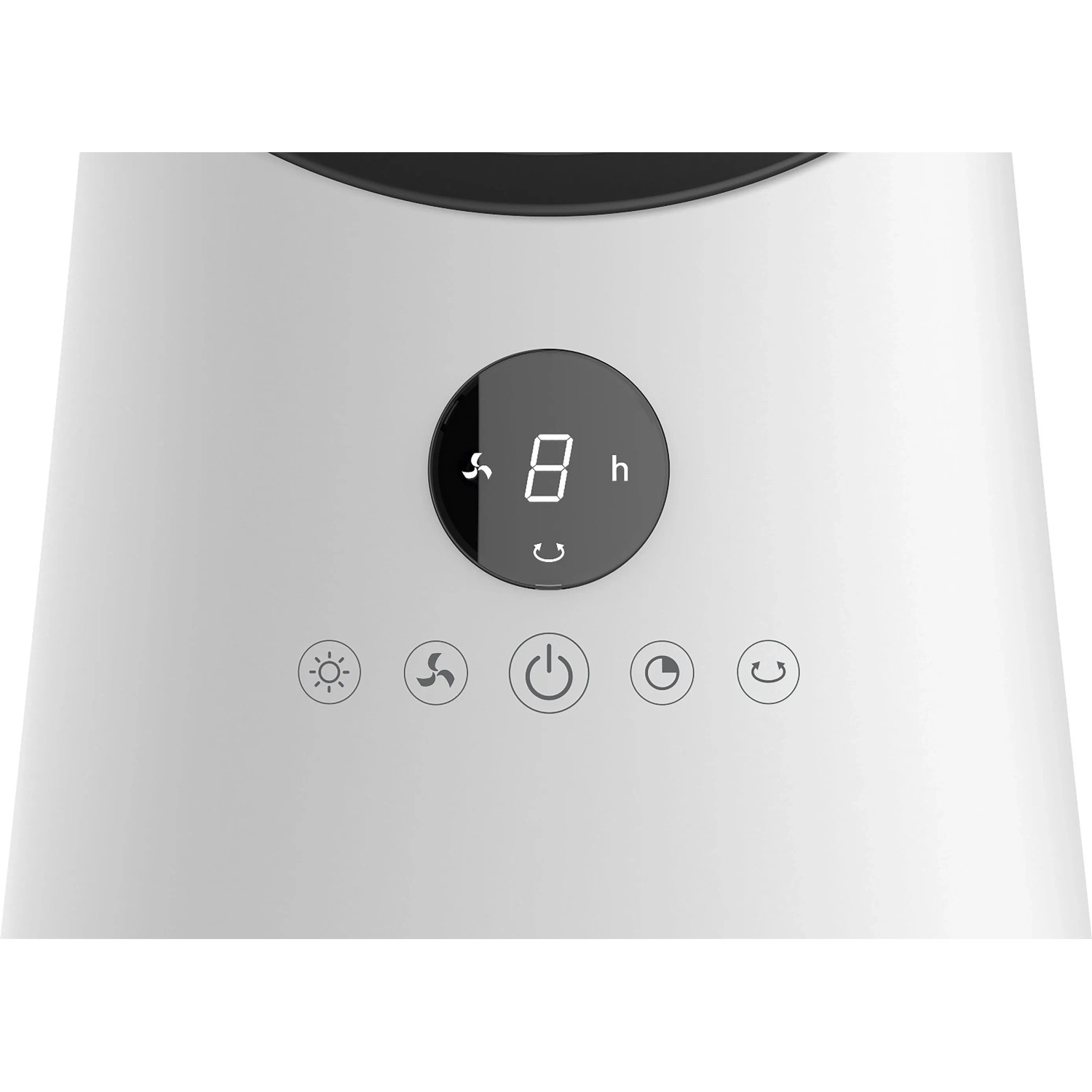 Dettaglio del pannello di controllo del ventilatore Cool Air TV 70-85 bianco senza pale con display timer.