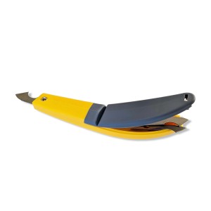 Coltello giallo t.b.t. con lama grigia per lastre in plastica e alveolari.