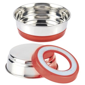 Ciotola per cani t.b.t. in acciaio inox con anello in gomma rossa per una presa migliore.