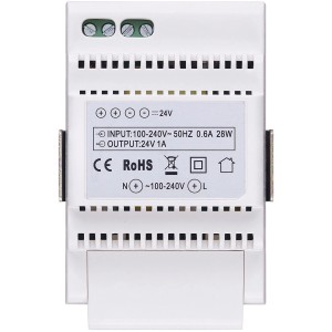 t.b.t. per Citofoni, componente elettronico bianco con connessioni e dati tecnici.