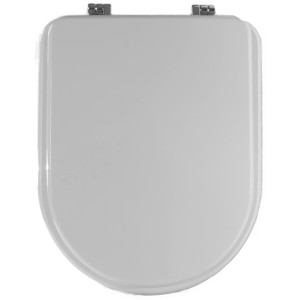 Sedile WC t.b.t. bianco con cerniere cromate, vista dall'alto.