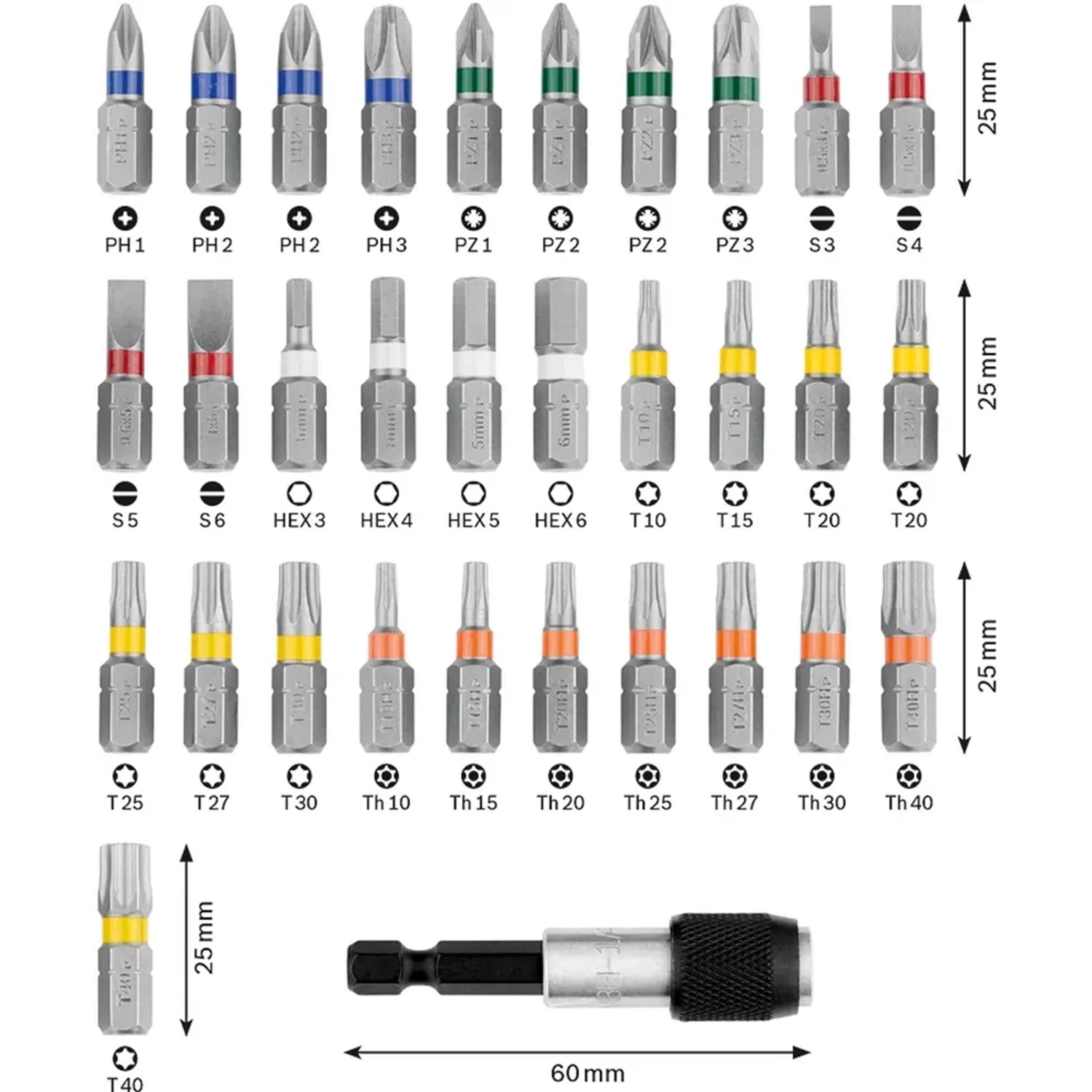 Set di inserti per avvitatori Bosch, 32 pezzi: inserti di varie dimensioni e forme nel set.