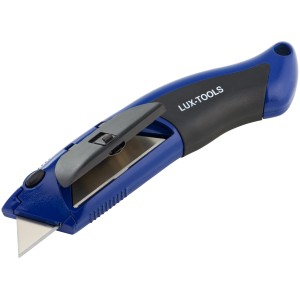 Cutter universale LUX Comfort, lama 60 mm, blu e nero, con impugnatura ergonomica e cursore per lama.